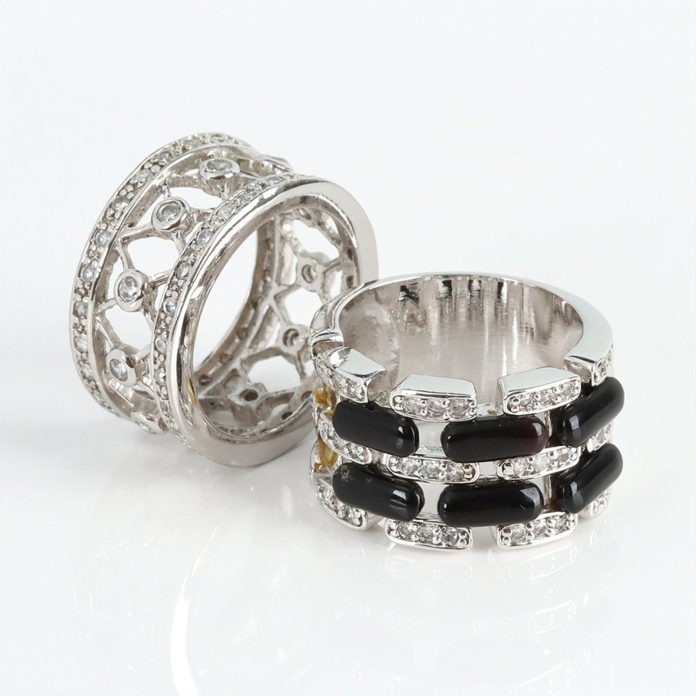 Onyx & Crystal Station Band Ring  and Crystal Silver-Plated Ring Bundle Size 8